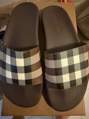 Burberry Check Slide Sandals in Black & Beige